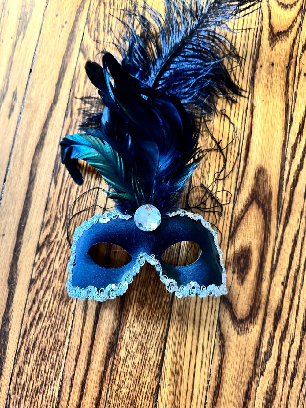 Black Feathered Masquerade Mask with Crystal Accent